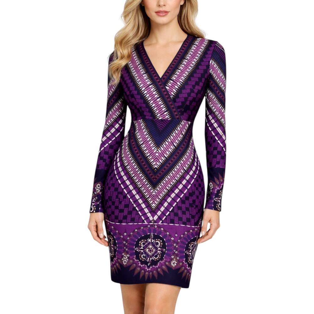 Hale Bob Purple Geometric Sheath Dress Size M Long Sleeve V-Neck Stretch Fitted